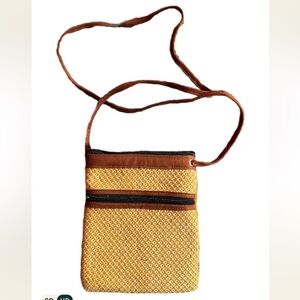 Cute Casual Summer Crossbody Bag Suede and Canvas Rust Red and Mustard Yellow